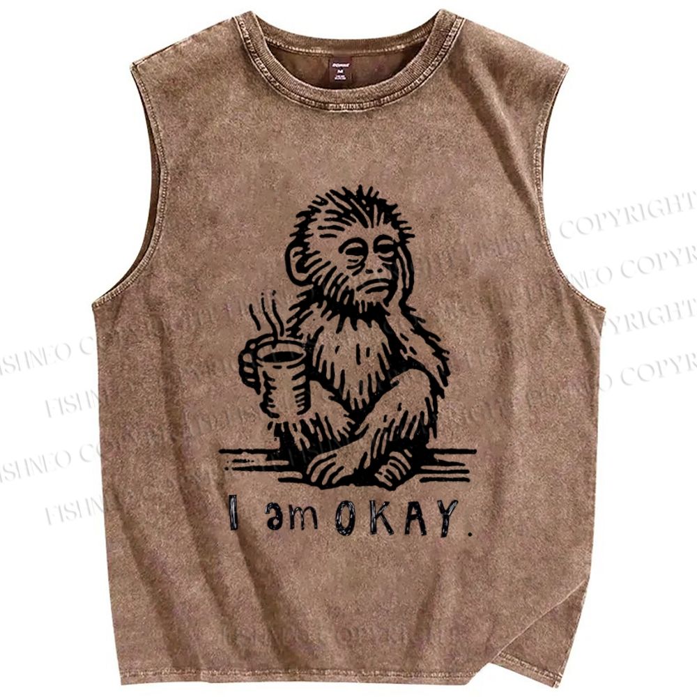 Unisex I'm Okay Monkey Printed Washed Tank Top