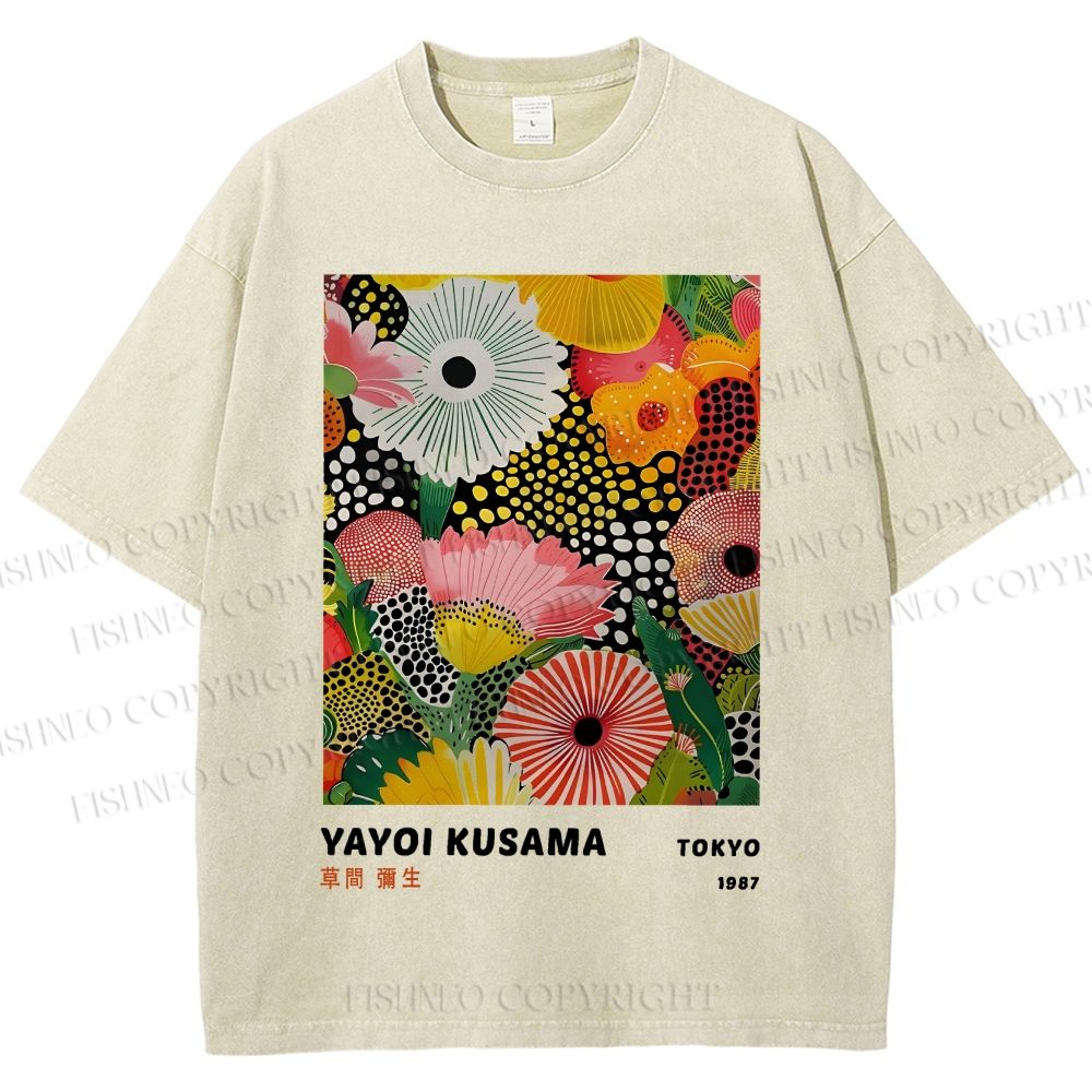 Unisex Japanese Yayoi Kusama Flowers Printed Washed Tee
