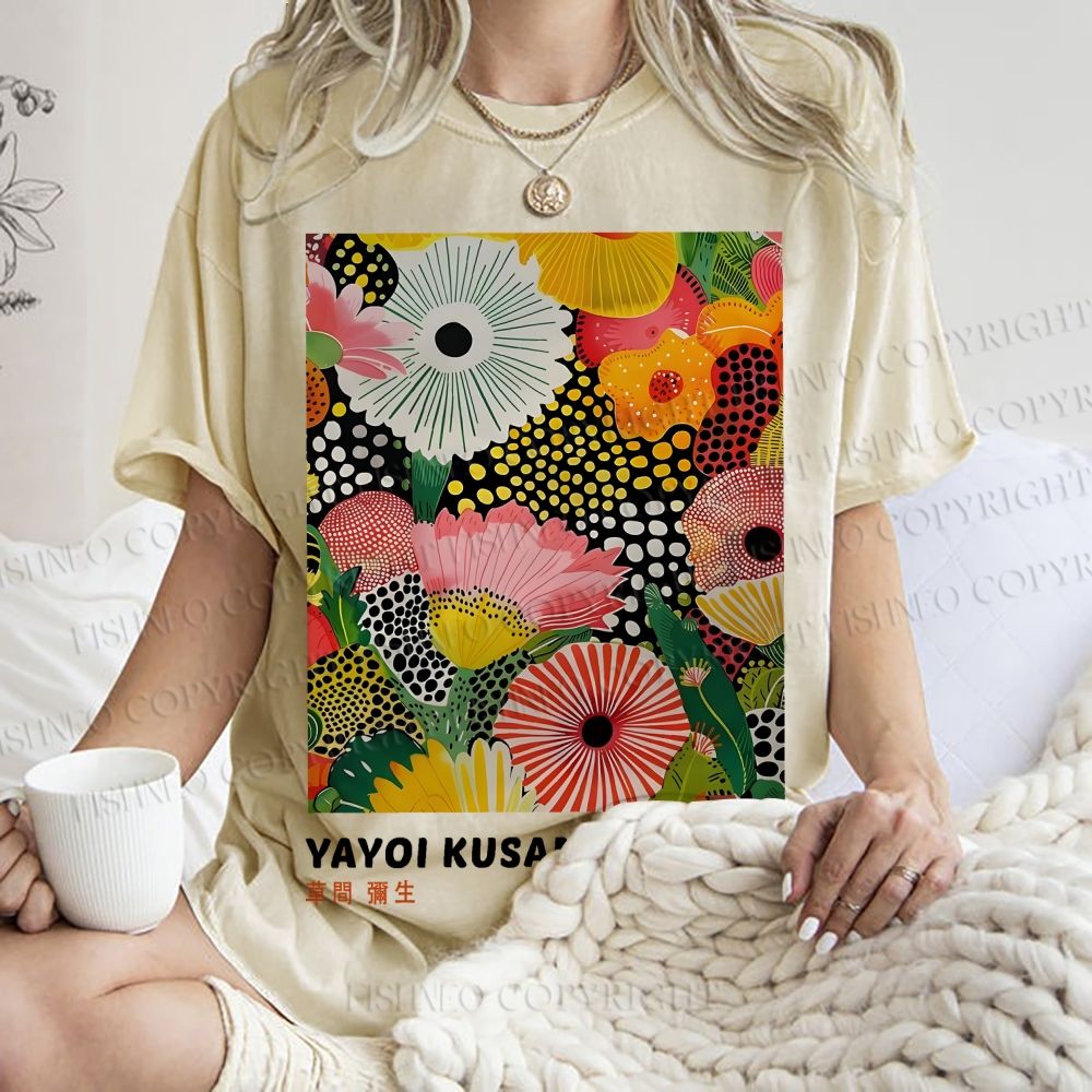 Unisex Japanese Yayoi Kusama Flowers Printed Washed Tee
