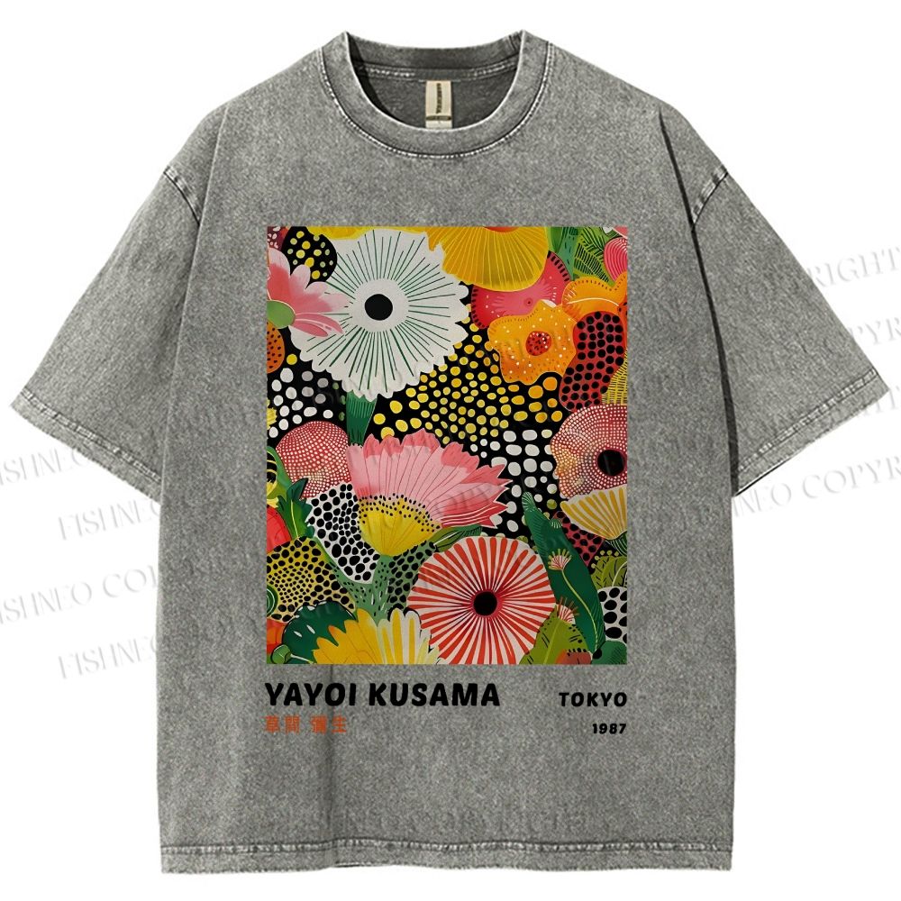 Unisex Japanese Yayoi Kusama Flowers Printed Washed Tee