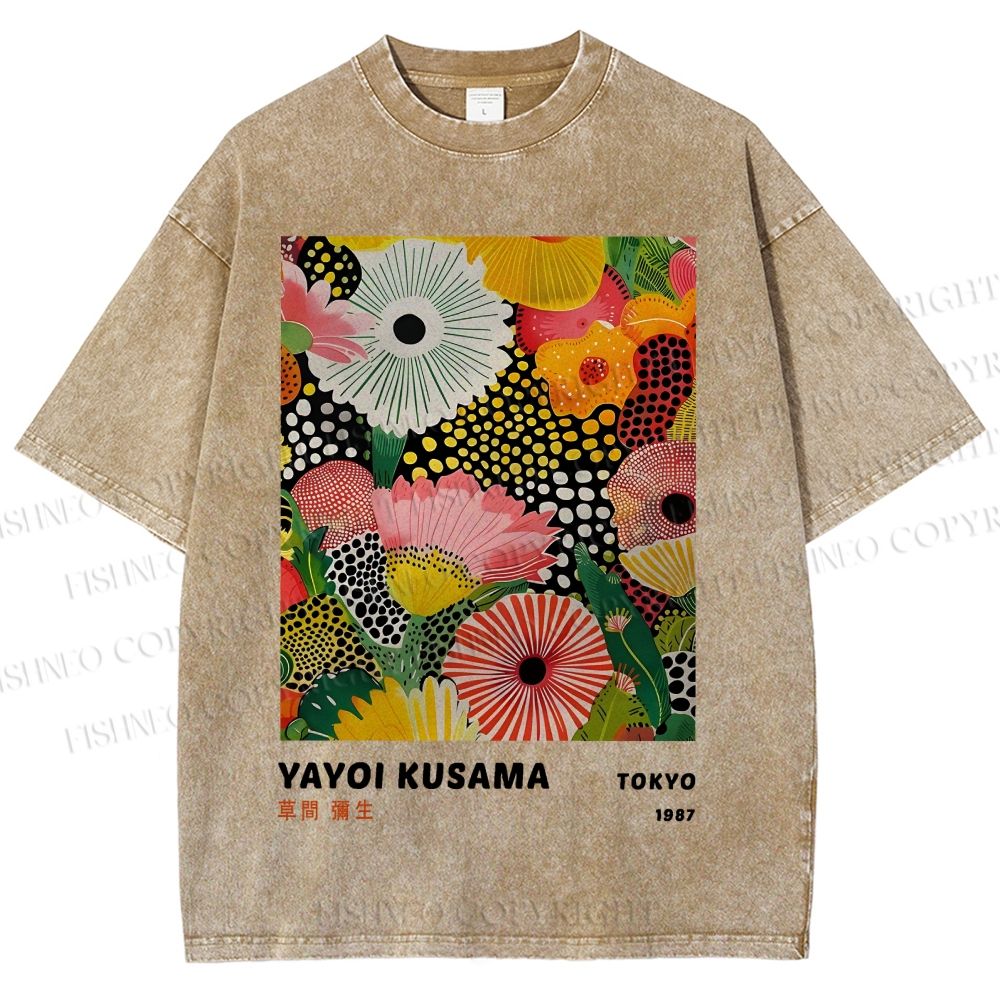 Unisex Japanese Yayoi Kusama Flowers Printed Washed Tee