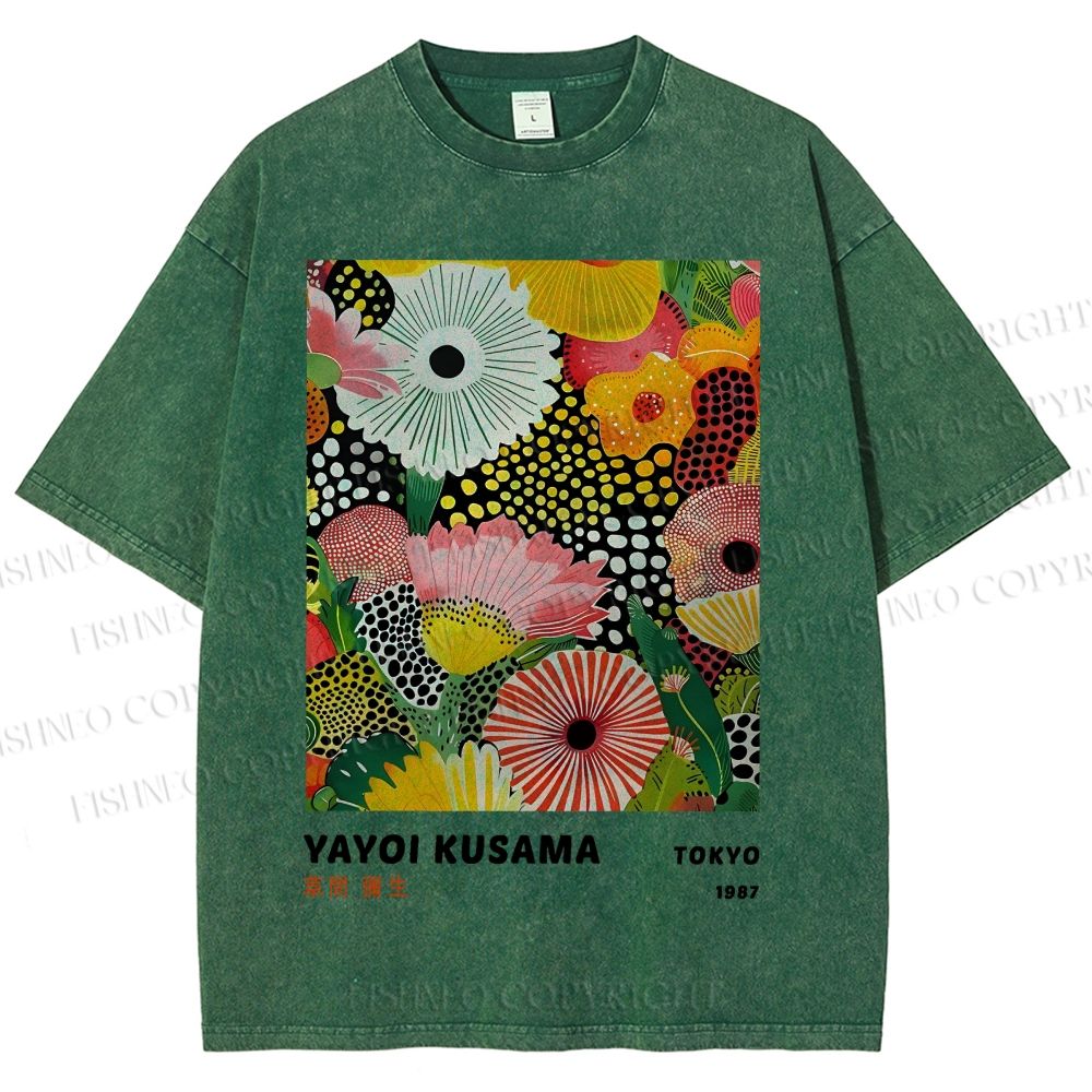 Unisex Japanese Yayoi Kusama Flowers Printed Washed Tee