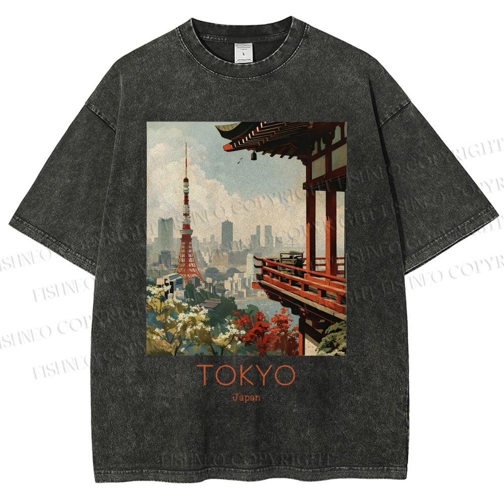 Unisex Vintage Japanese Tokyo Printed Washed Tee