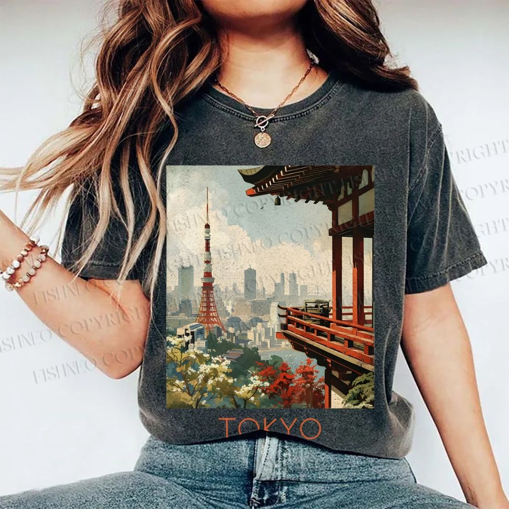 Unisex Vintage Japanese Tokyo Printed Washed Tee