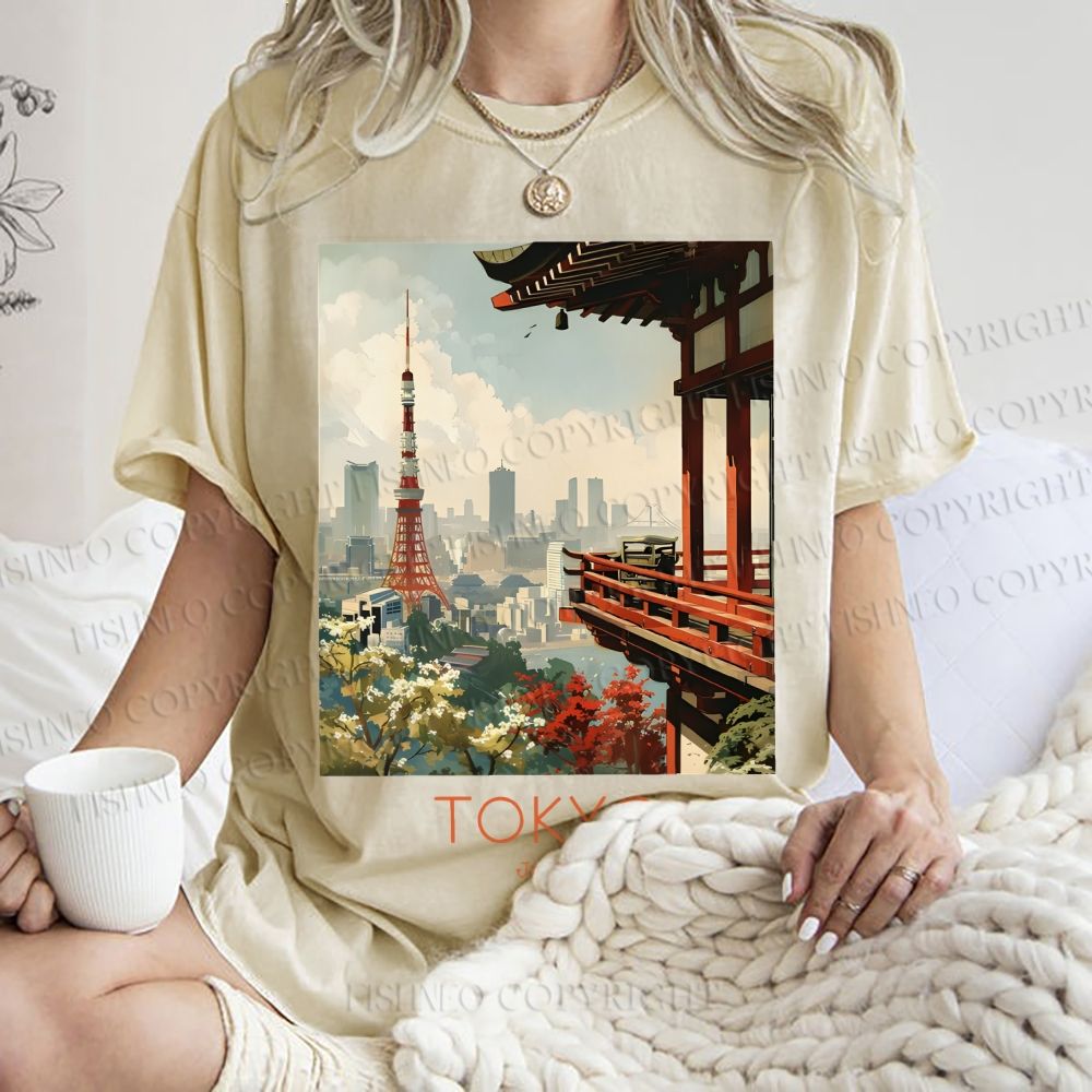 Unisex Vintage Japanese Tokyo Printed Washed Tee