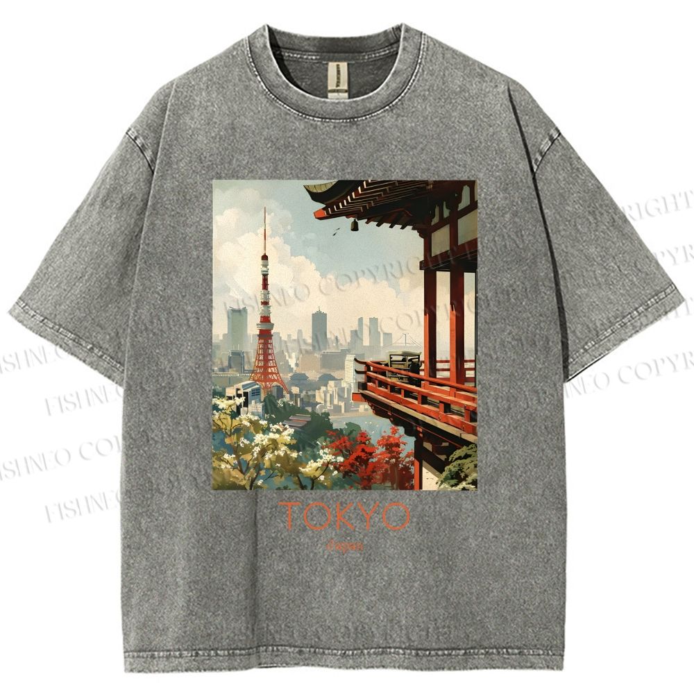 Unisex Vintage Japanese Tokyo Printed Washed Tee
