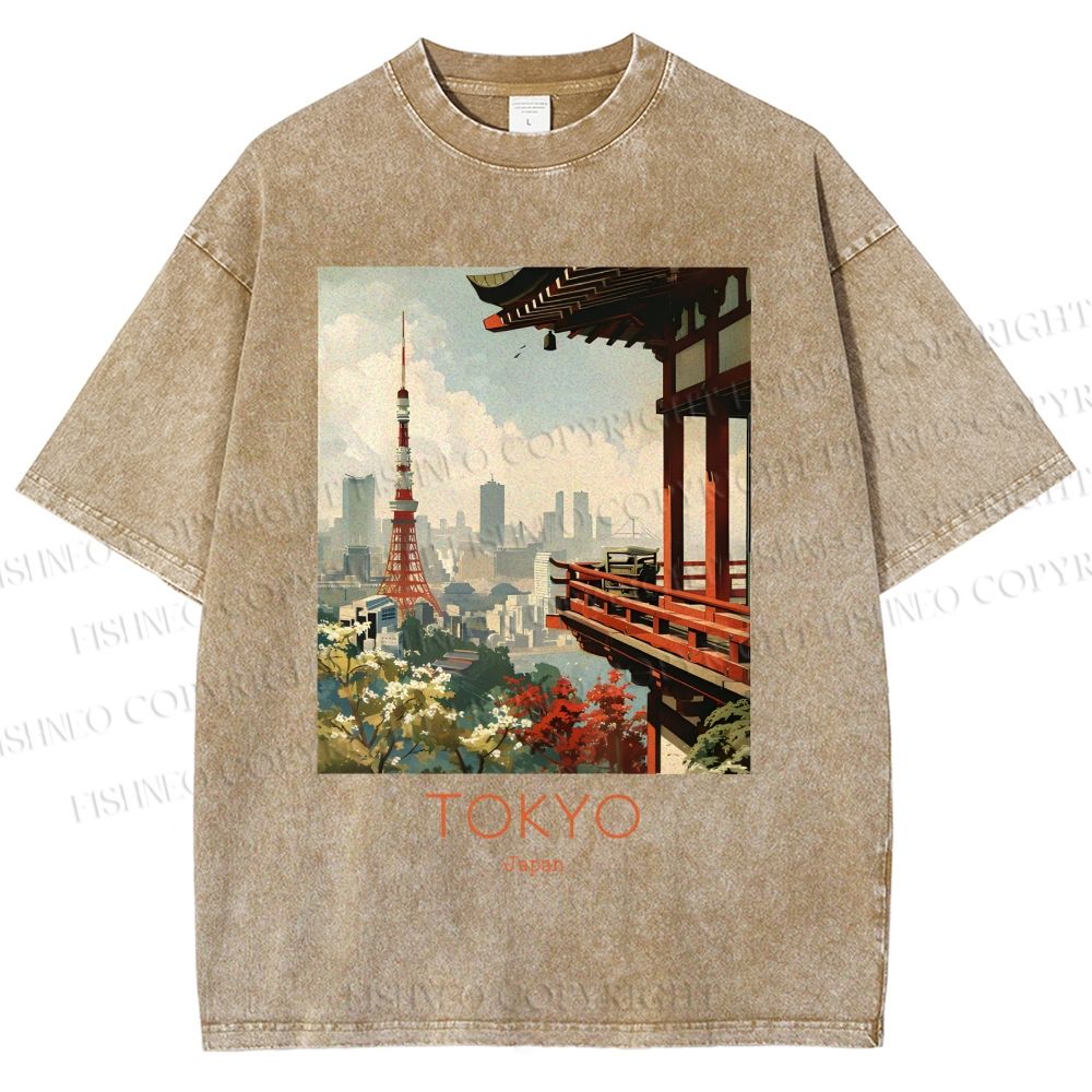 Unisex Vintage Japanese Tokyo Printed Washed Tee