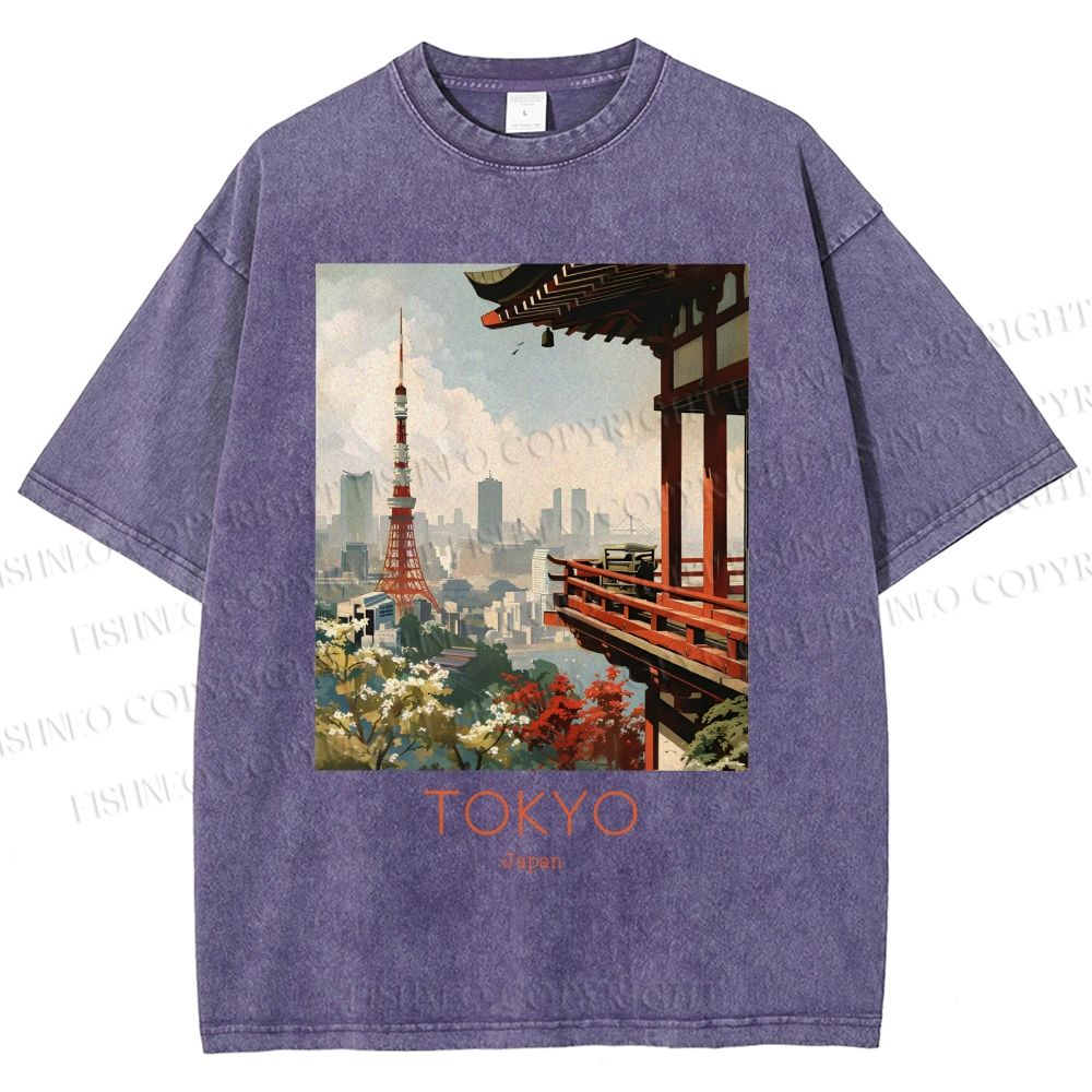 Unisex Vintage Japanese Tokyo Printed Washed Tee