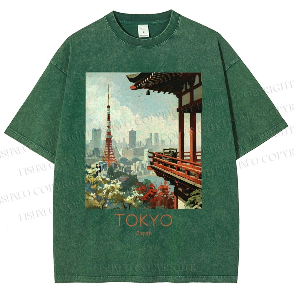 Unisex Vintage Japanese Tokyo Printed Washed Tee