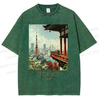 Unisex Vintage Japanese Tokyo Printed Washed Tee