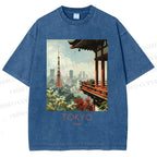 Unisex Vintage Japanese Tokyo Printed Washed Tee