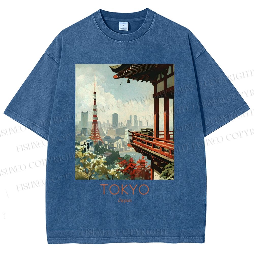 Unisex Vintage Japanese Tokyo Printed Washed Tee
