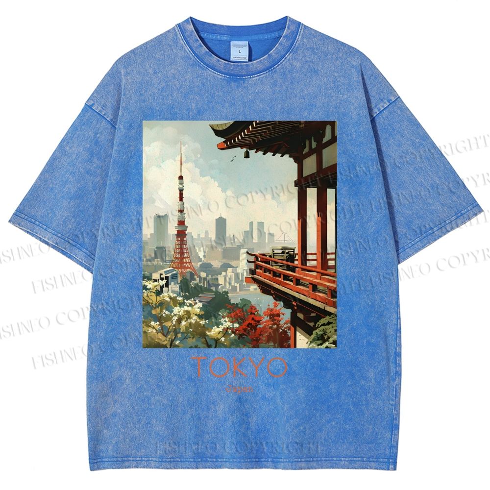 Unisex Vintage Japanese Tokyo Printed Washed Tee