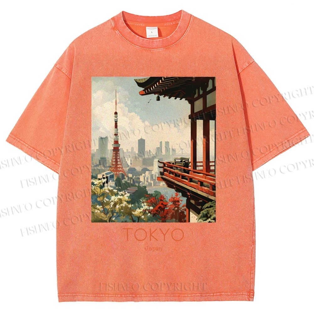 Unisex Vintage Japanese Tokyo Printed Washed Tee