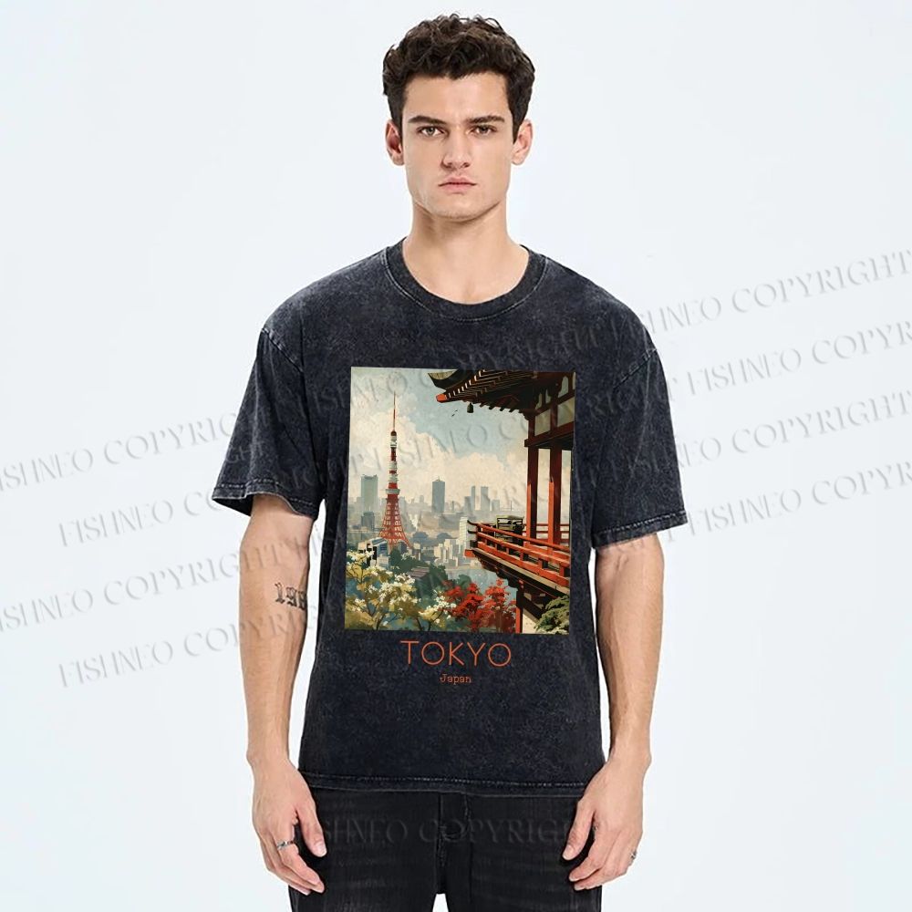 Unisex Vintage Japanese Tokyo Printed Washed Tee