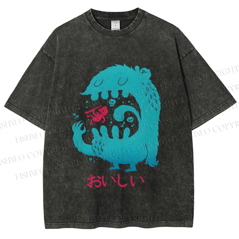 Unisex Japanese Monster Yummy Printed Washed Tee