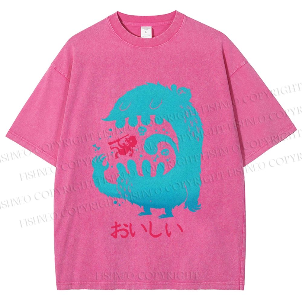 Unisex Japanese Monster Yummy Printed Washed Tee