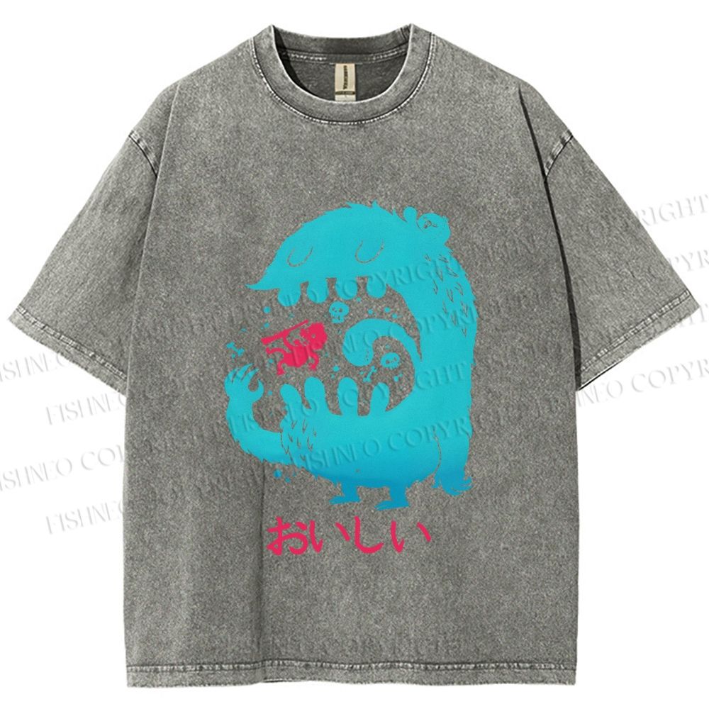 Unisex Japanese Monster Yummy Printed Washed Tee