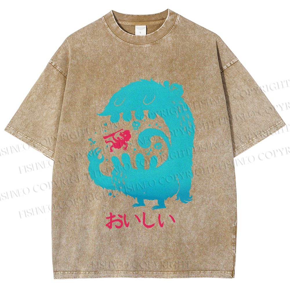 Unisex Japanese Monster Yummy Printed Washed Tee
