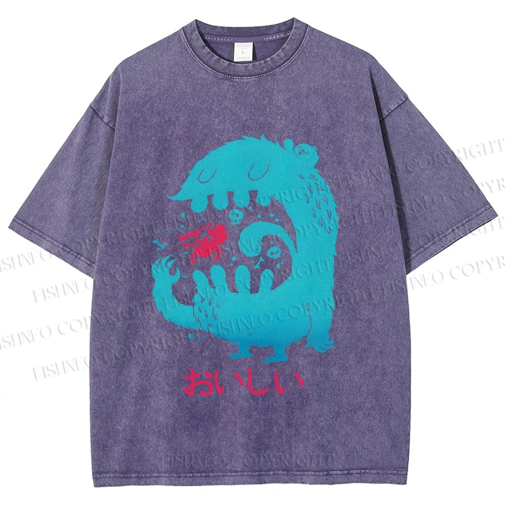 Unisex Japanese Monster Yummy Printed Washed Tee