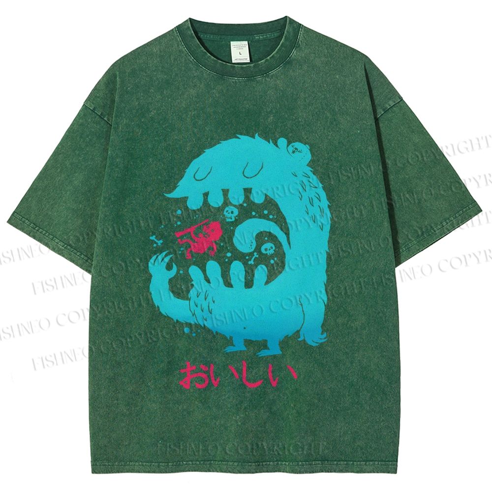 Unisex Japanese Monster Yummy Printed Washed Tee