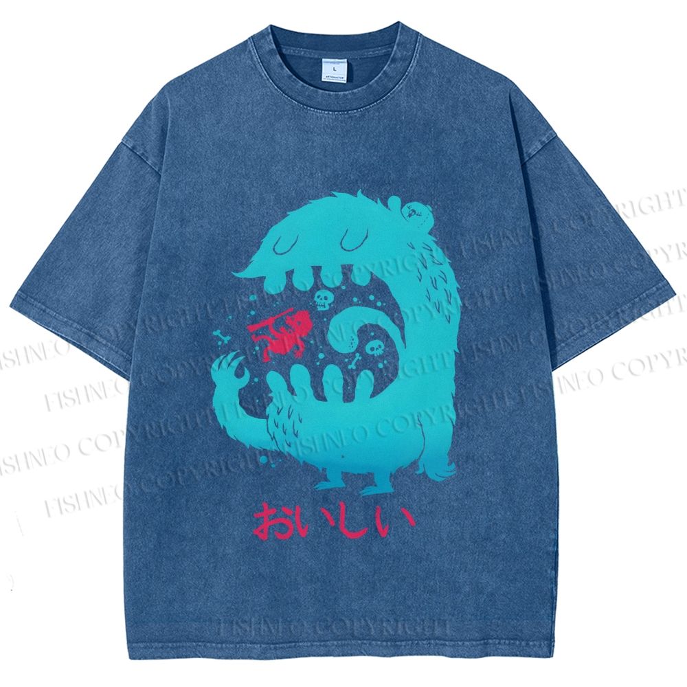 Unisex Japanese Monster Yummy Printed Washed Tee