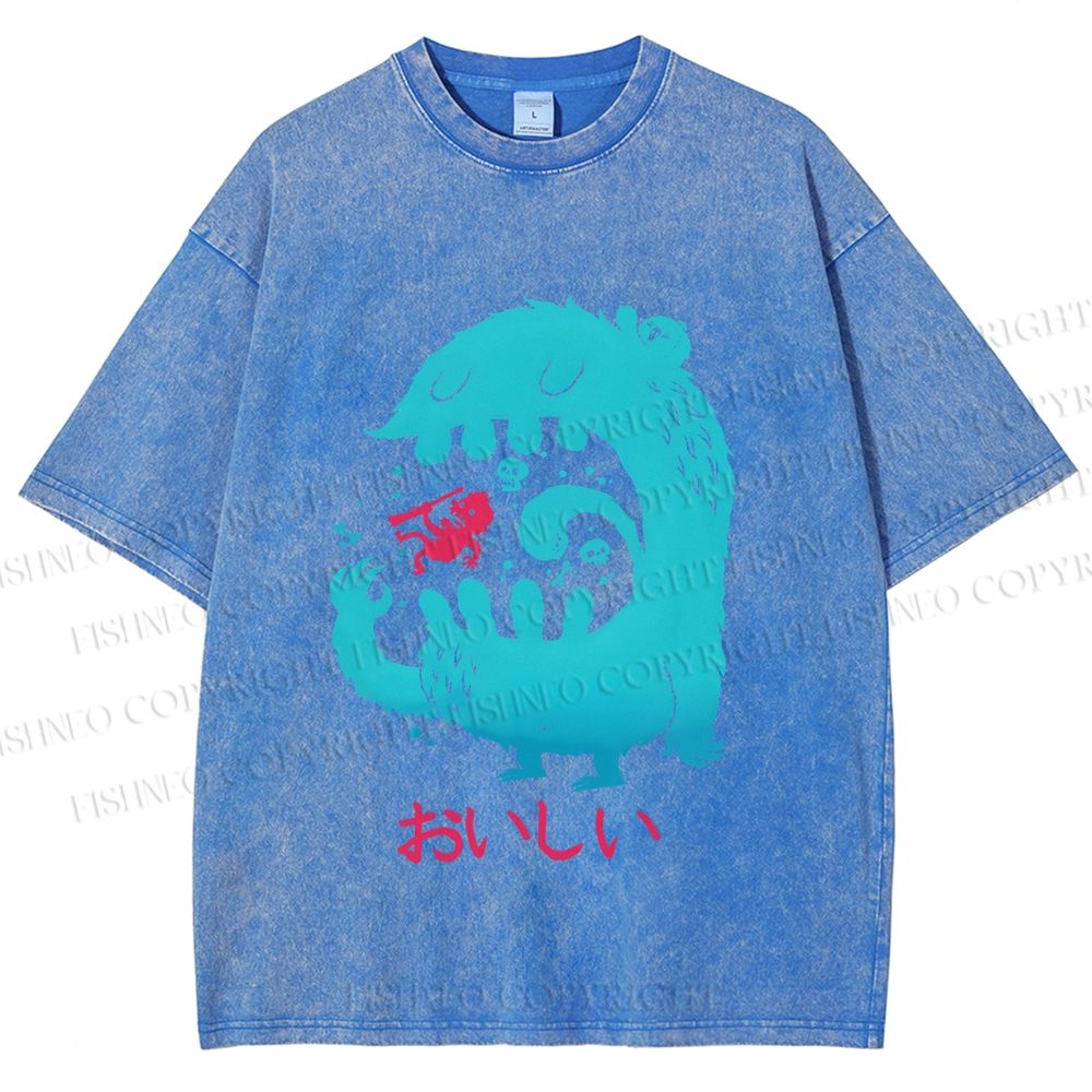 Unisex Japanese Monster Yummy Printed Washed Tee