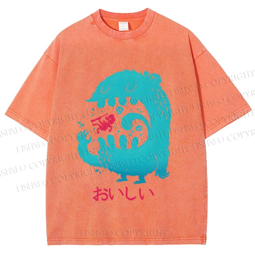 Unisex Japanese Monster Yummy Printed Washed Tee