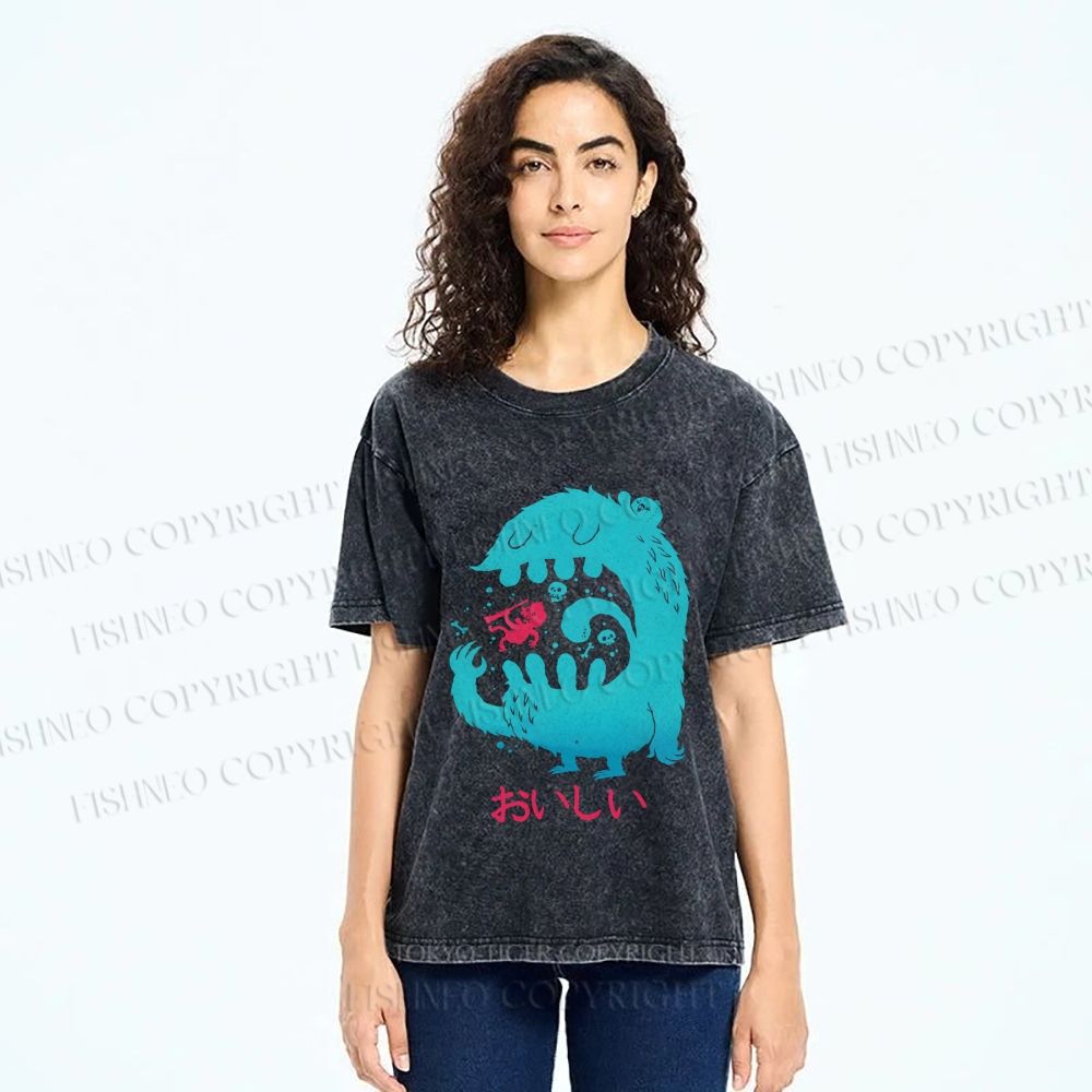 Unisex Japanese Monster Yummy Printed Washed Tee
