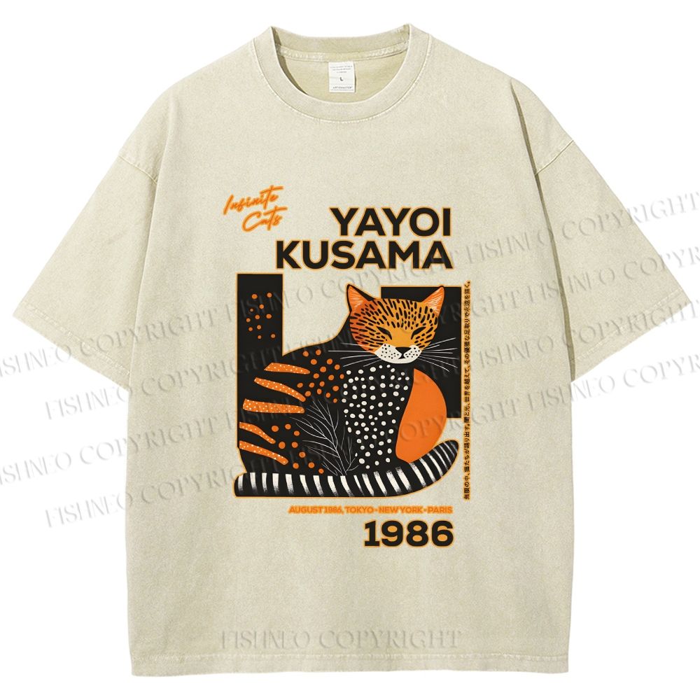 Unisex Japanese Yayoi Kusama Cat Printed Washed Tee