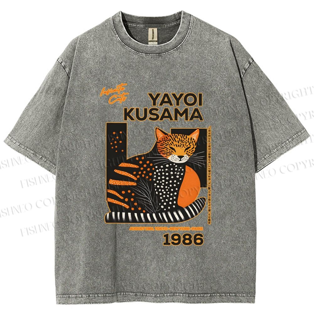 Unisex Japanese Yayoi Kusama Cat Printed Washed Tee