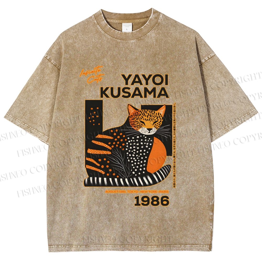 Unisex Japanese Yayoi Kusama Cat Printed Washed Tee
