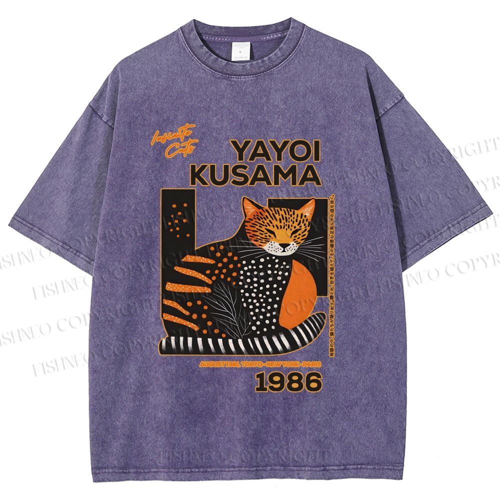 Unisex Japanese Yayoi Kusama Cat Printed Washed Tee