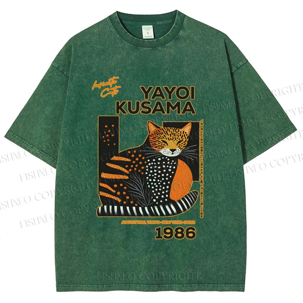 Unisex Japanese Yayoi Kusama Cat Printed Washed Tee