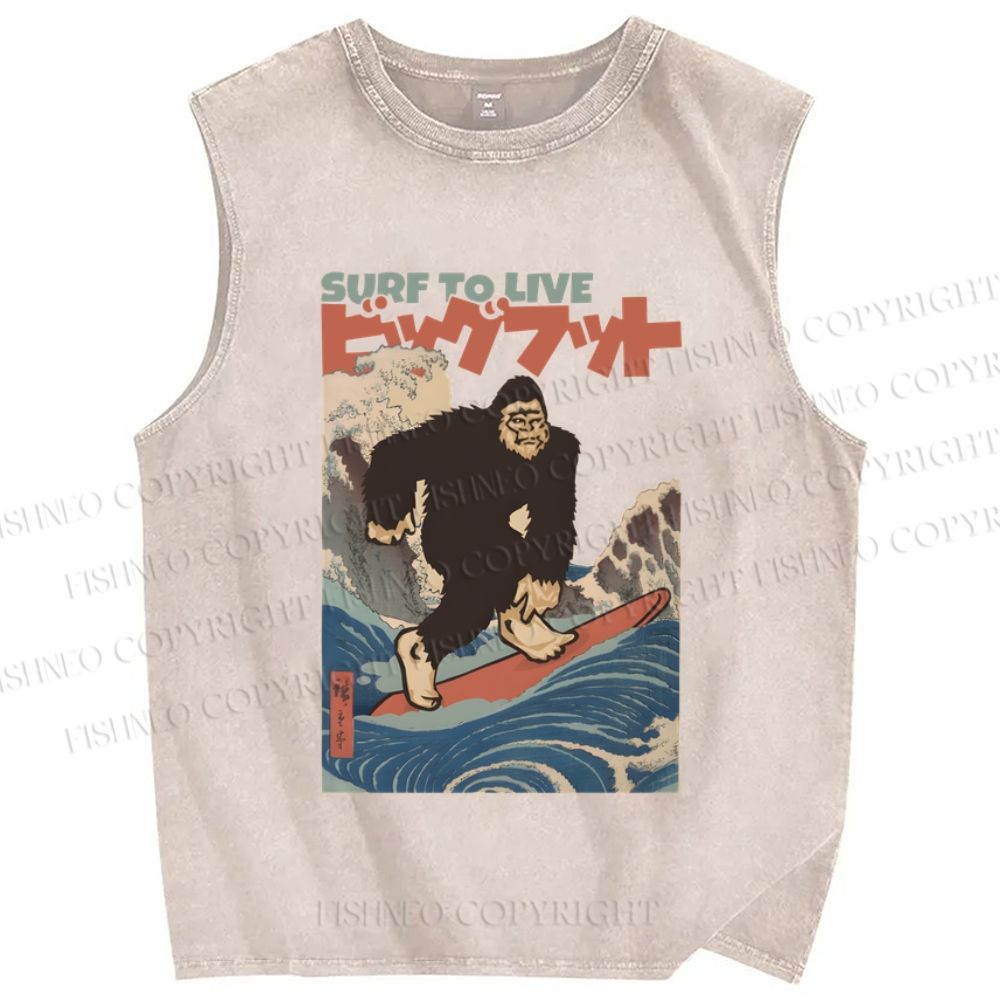 Unisex Vintage Japanese Wave Ape Surfing Printed Washed Tank Top
