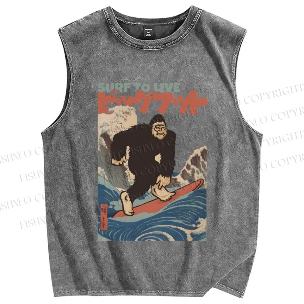 Unisex Vintage Japanese Wave Ape Surfing Printed Washed Tank Top
