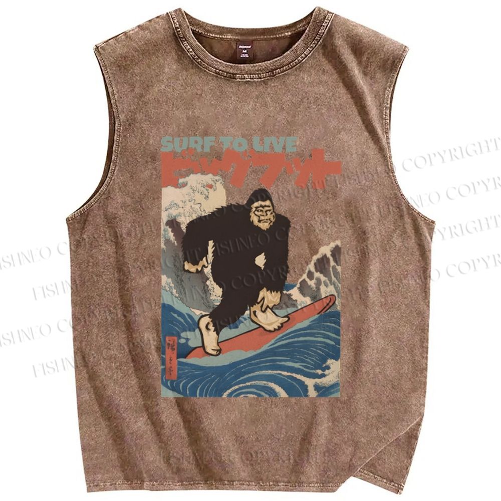 Unisex Vintage Japanese Wave Ape Surfing Printed Washed Tank Top