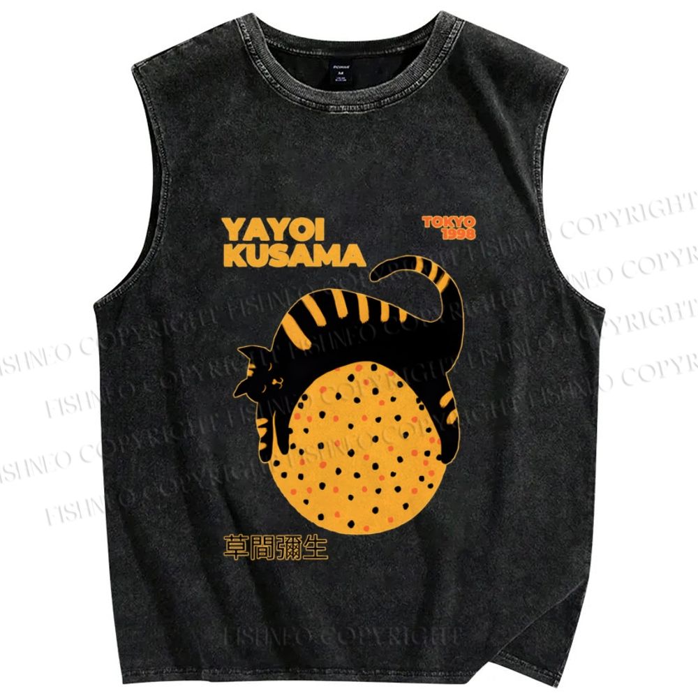 Unisex Japanese Yayoi Kusama Cat Printed Washed Tank Top