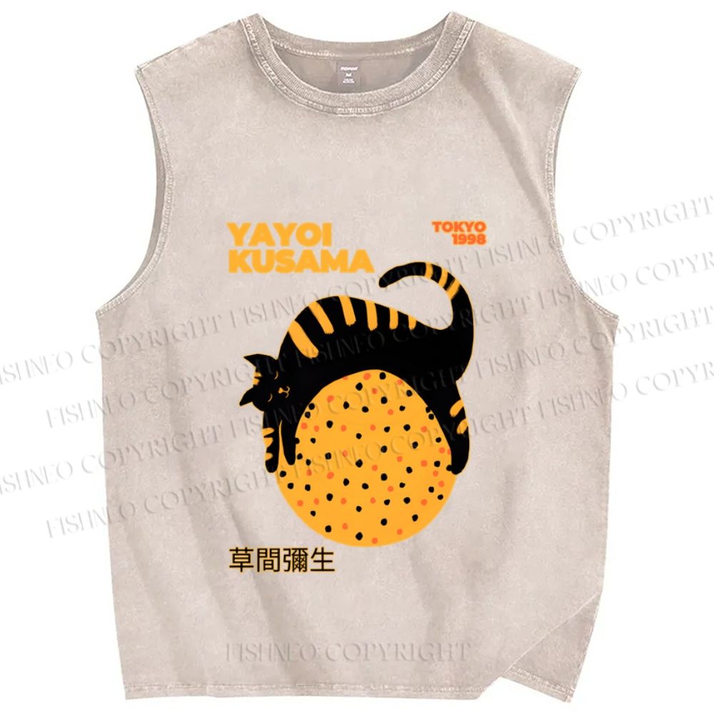 Unisex Japanese Yayoi Kusama Cat Printed Washed Tank Top