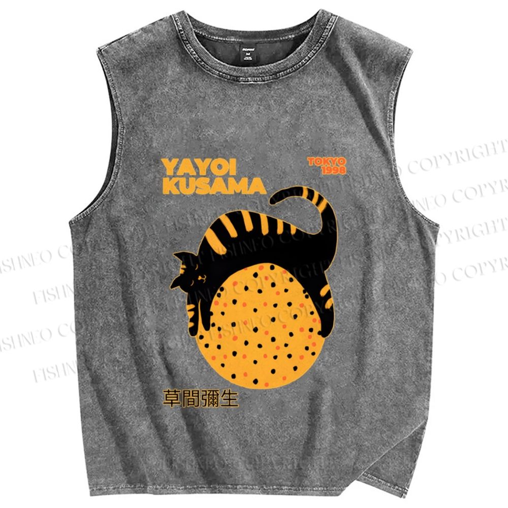 Unisex Japanese Yayoi Kusama Cat Printed Washed Tank Top