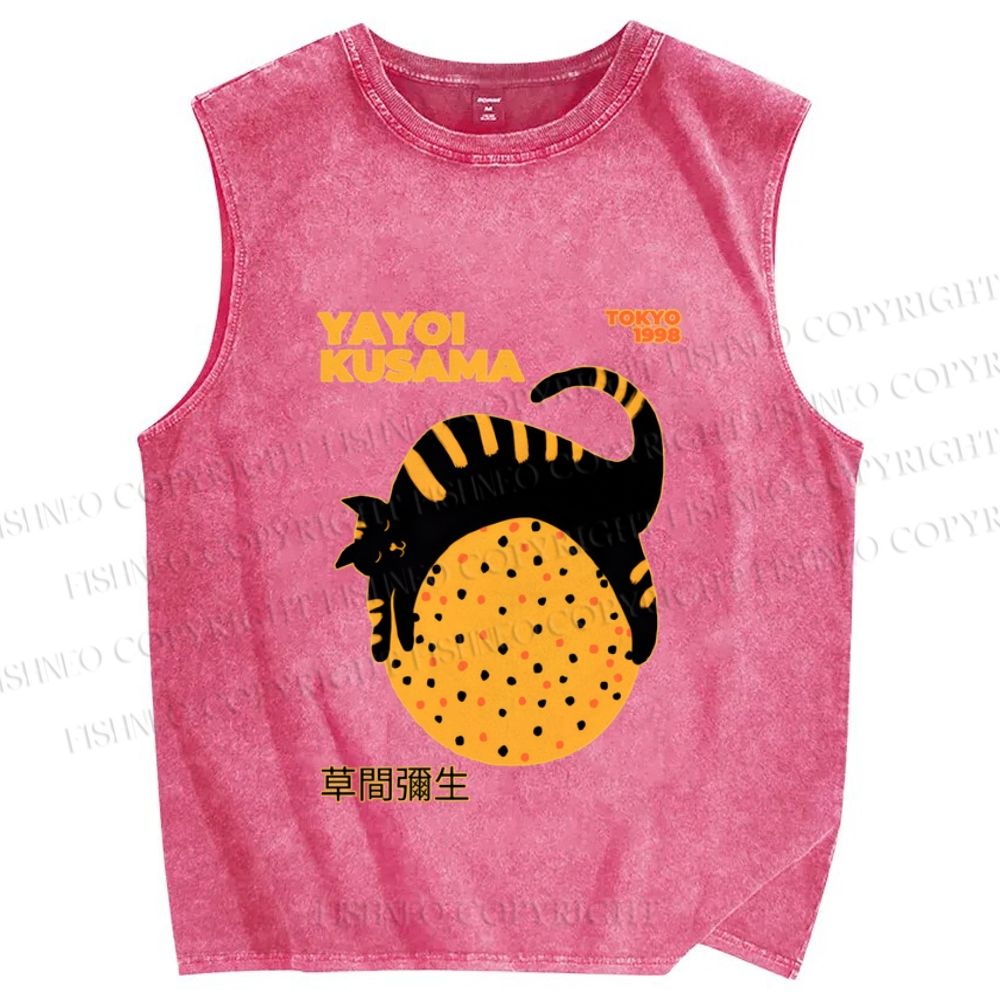 Unisex Japanese Yayoi Kusama Cat Printed Washed Tank Top