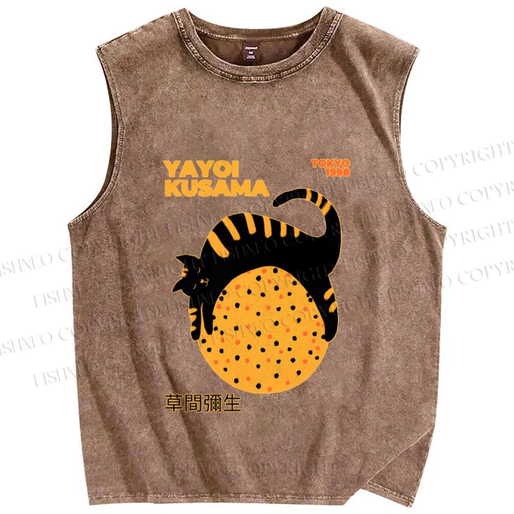 Unisex Japanese Yayoi Kusama Cat Printed Washed Tank Top