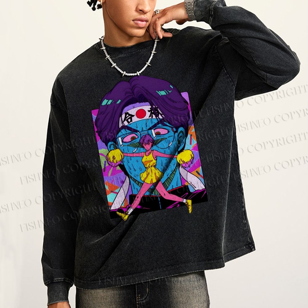 Unisex Casual Washed Japanese Anime Printed Long Sleeve T-shirt