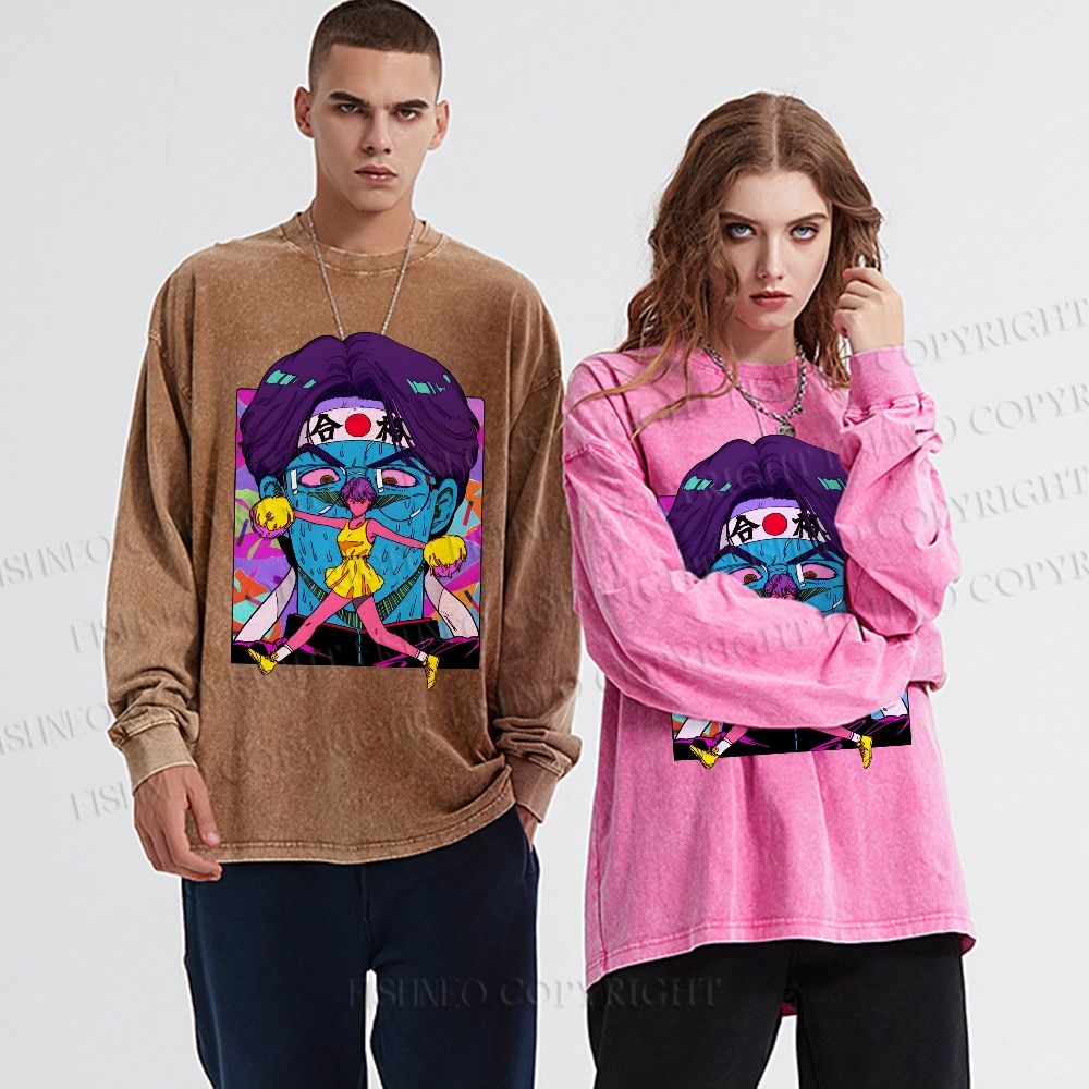 Unisex Casual Washed Japanese Anime Printed Long Sleeve T-shirt