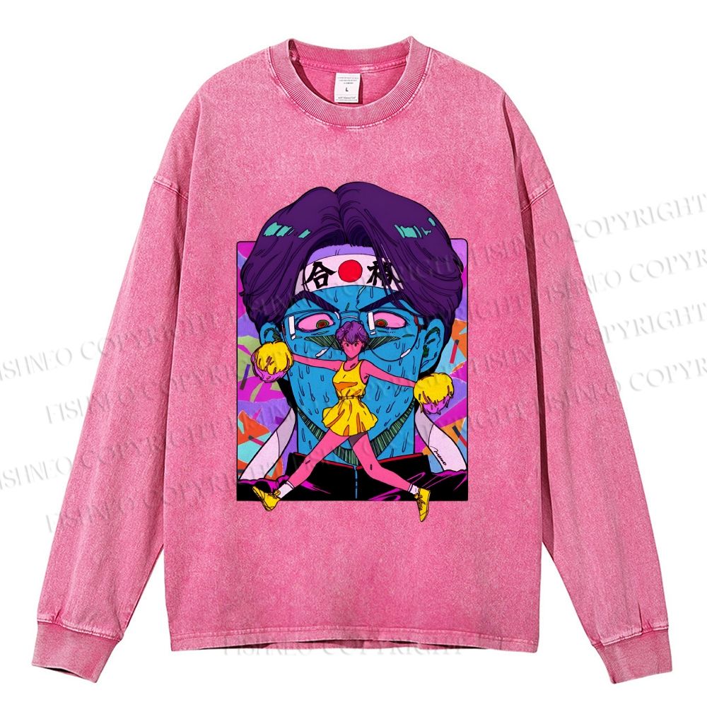 Unisex Casual Washed Japanese Anime Printed Long Sleeve T-shirt