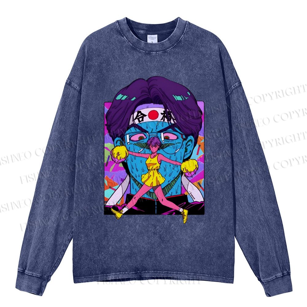 Unisex Casual Washed Japanese Anime Printed Long Sleeve T-shirt