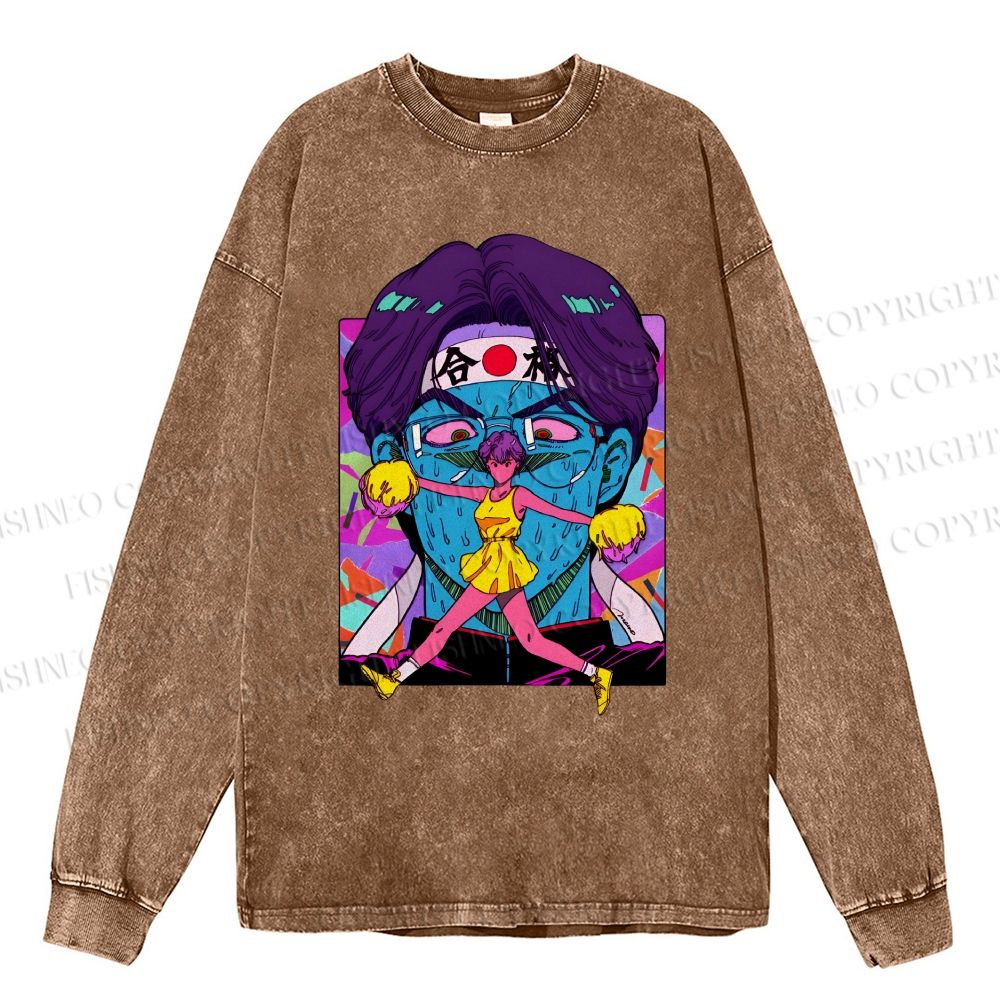 Unisex Casual Washed Japanese Anime Printed Long Sleeve T-shirt