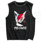 Unisex Art Cat Printed Washed Tank Top