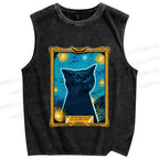 Unisex Van Gogh Art Cat Printed Washed Tank Top