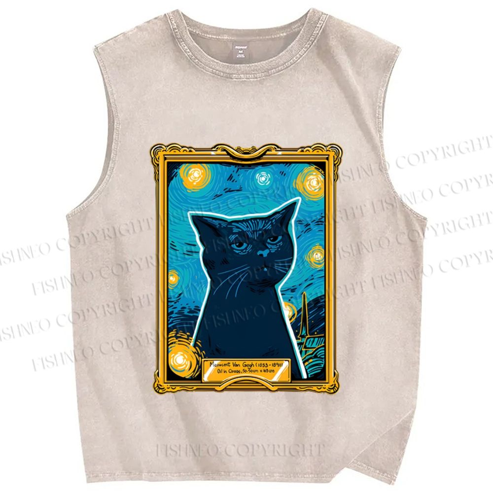 Unisex Van Gogh Art Cat Printed Washed Tank Top